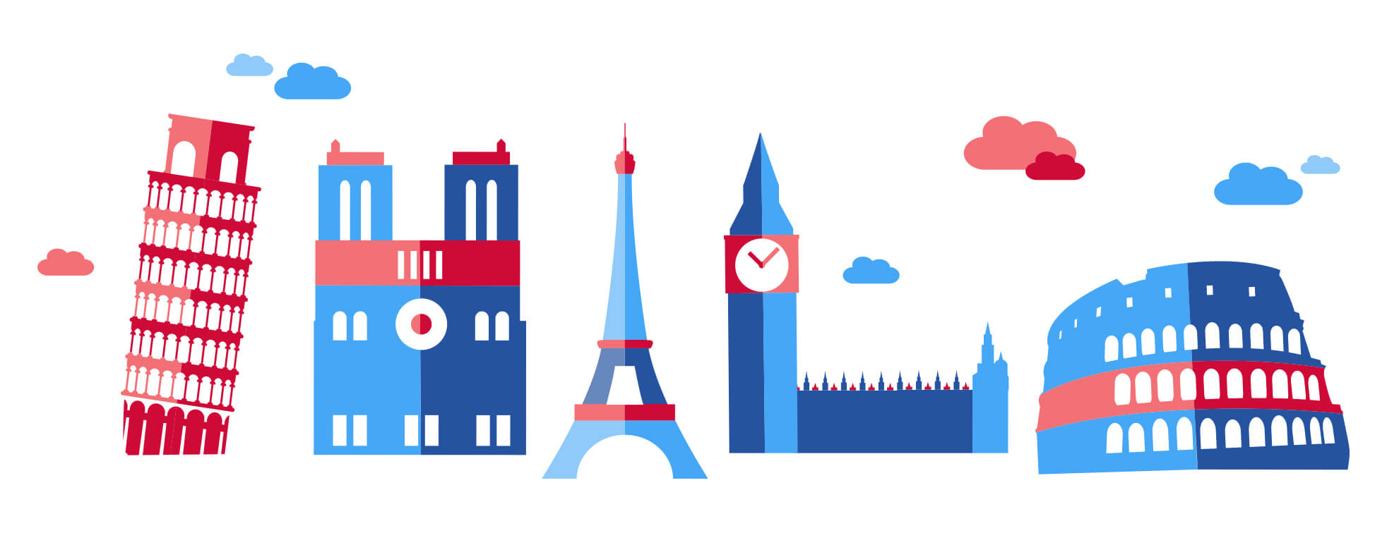 Leaning tower of Pisa, Notre Dame, Eiffel Tower, Big Ben and Roman Collesium