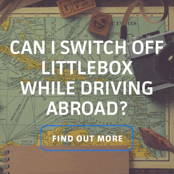 Car moving over a map with question asking if fthe little box can be switched off when driving abroad