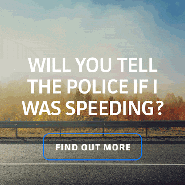 A car speeding and policemen with a question asking if Admiral tell the Police you were speeding for Admiral Blackbox insurance